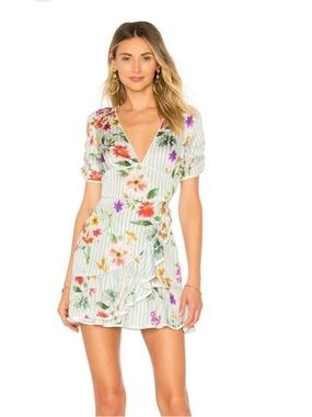Tularosa Cream Floral Wrap Dress | Puffed Sleeves Ruffled Hem XXS